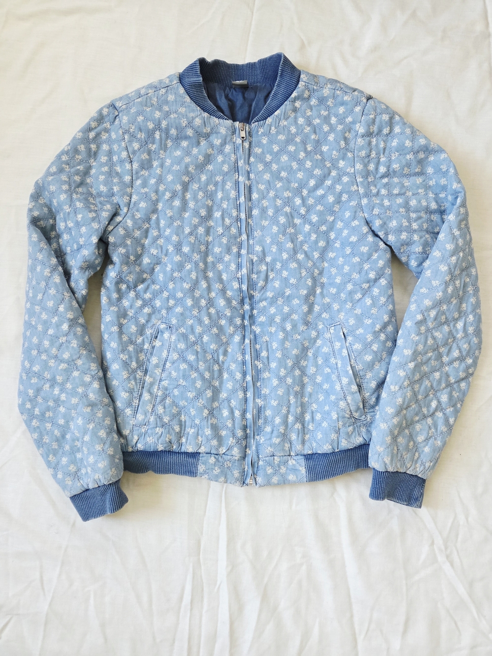 Zara Light Blue Quilted Floral Bomber Jacket